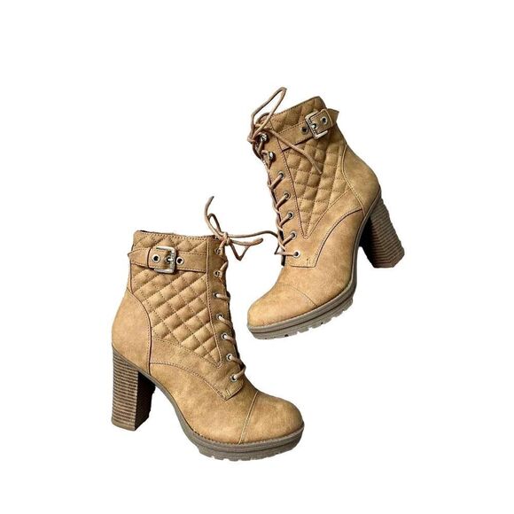 G by Guess Shoes - G by Guess Women’s Gift Tan Size Zip & Lace Up Quilted Combat Ankle Fashion Boot